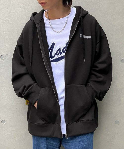 Snap club】裏起毛ワンポイント刺繍ロゴ オーバーサイズ フルジップ