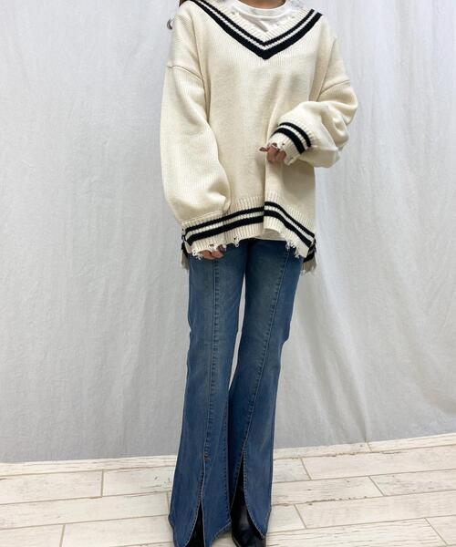 INGNI（イング）の「ブロークンチルデンチュニックニット（ニット/セーター・レディース・ホワイト×ブラック/ブラック×ホワイト/グリーン系5・M）」の4枚目の写真