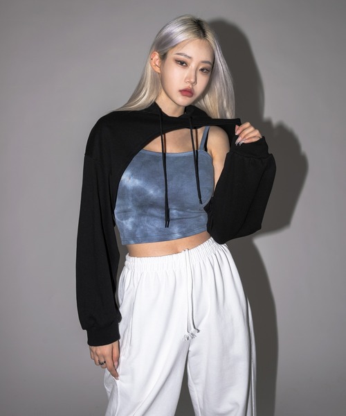 tシャツ ライトボンディングクロップトップス レディース FOLLOWIN（フォロウィン）の「クロップドボレロフードTシャツ
