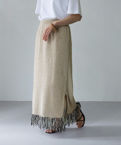 vingtrois(バントロア)の「【vingtrois】リネン混テープヤーン配色フリンジ2WAYスカート(スカート・レディース・ライトグレー/ベージュ・M)」の1枚目の写真