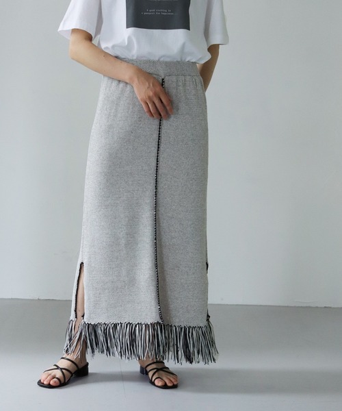 vingtrois(バントロア)の「【vingtrois】リネン混テープヤーン配色フリンジ2WAYスカート(スカート・レディース・ライトグレー/ベージュ・M)」の5枚目の写真