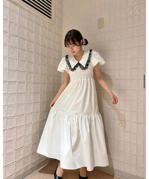epine エピヌ　チュール　ワンピース　半袖　ホワイト epine（エピヌ）の「lace collar gather tiered onepiece