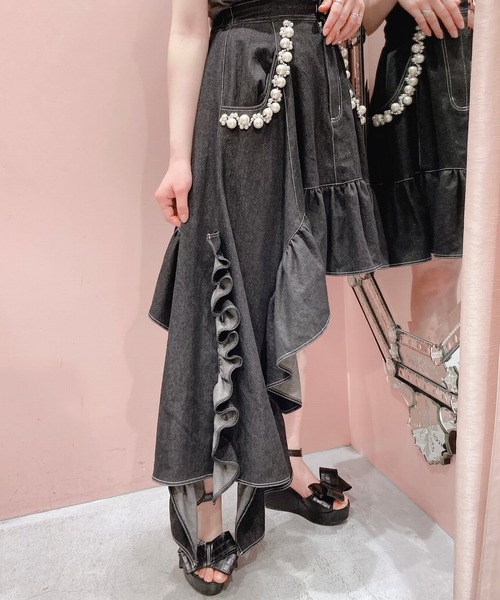 lilLilly パールディティールデニムスカート ホワイト staff】パールディティールデニムスカート🦋🫧nagisa | lilLilly