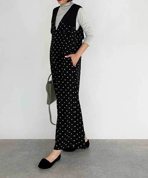 DIARIUM（ディアリウム）の「ドット切替えオールインワン（つなぎ/オールインワン・レディース・ベージュ/ブラック・M）」の4枚目の写真