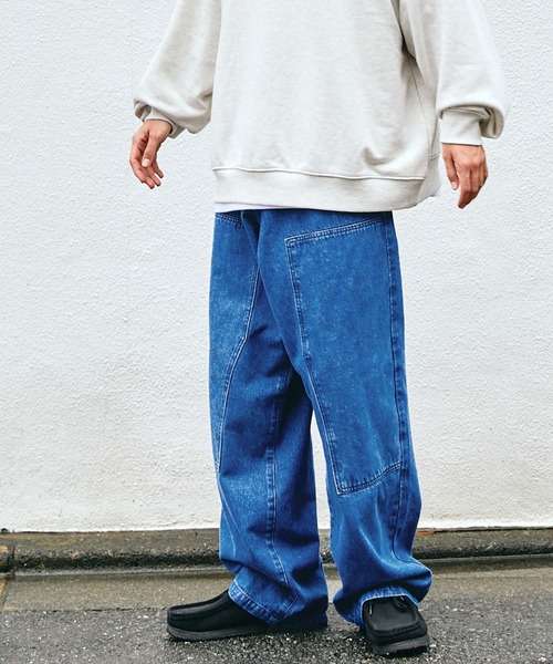 ステューデントアパシー デニムパンツ ダブルニー セール】2WAY VINTAGE LIKE DAMAGE DOUBLE KNEE DENIM PANTS