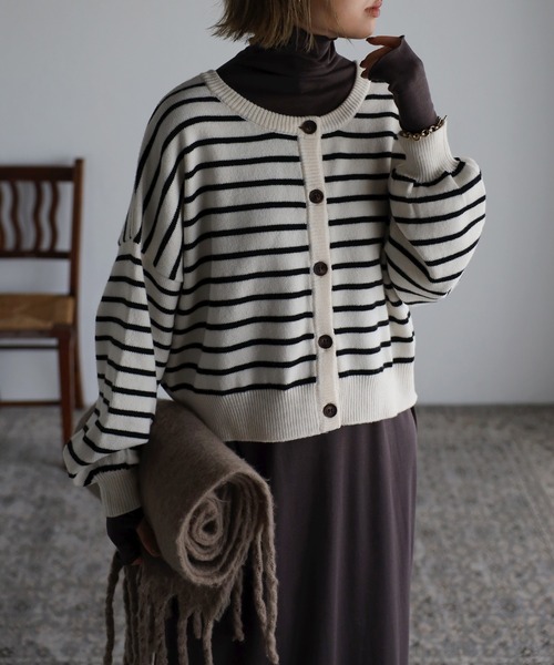 Bonjour Sagan（ボンジュールサガン）の「前後2WAYボーダーカーディガン（カーディガン/ボレロ・レディース・ブラック/グリーン/アイボリー・FREE）」の2枚目の写真