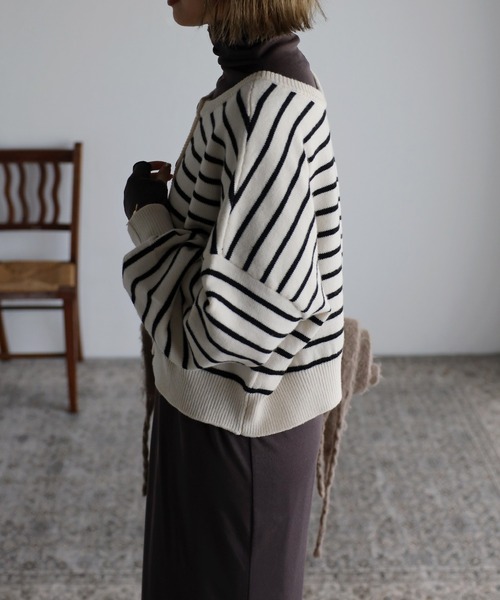 Bonjour Sagan（ボンジュールサガン）の「前後2WAYボーダーカーディガン（カーディガン/ボレロ・レディース・ブラック/グリーン/アイボリー・FREE）」の4枚目の写真