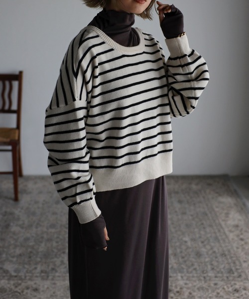 Bonjour Sagan（ボンジュールサガン）の「前後2WAYボーダーカーディガン（カーディガン/ボレロ・レディース・ブラック/グリーン/アイボリー・FREE）」の8枚目の写真