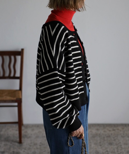 Bonjour Sagan（ボンジュールサガン）の「前後2WAYボーダーカーディガン（カーディガン/ボレロ・レディース・ブラック/グリーン/アイボリー・FREE）」の12枚目の写真