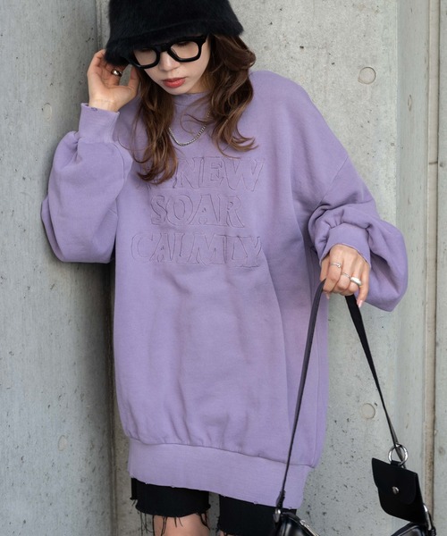 WEGO(ウィゴー)の「WEGO/ロゴ刺繍ピグメントBIGプルオーバー(スウェット・レディース・ライトパープル/スミクロ・FREE)」の1枚目の写真