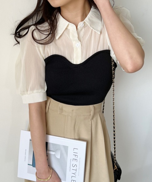 CLEA（クレア）の「ビスチェデザイン シアー半袖ブラウス（シャツ/ブラウス・レディース・アイボリー/ブラック・FREE）」の2枚目の写真