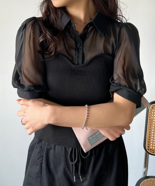 CLEA（クレア）の「ビスチェデザイン シアー半袖ブラウス（シャツ/ブラウス・レディース・アイボリー/ブラック・FREE）」の16枚目の写真