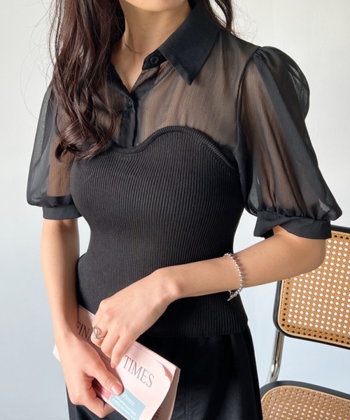 CLEA（クレア）の「ビスチェデザイン シアー半袖ブラウス（シャツ/ブラウス・レディース・アイボリー/ブラック・FREE）」の4枚目の写真