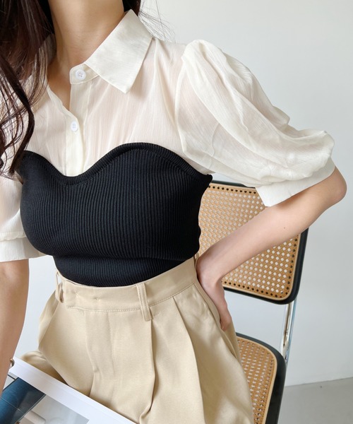 CLEA（クレア）の「ビスチェデザイン シアー半袖ブラウス（シャツ/ブラウス・レディース・アイボリー/ブラック・FREE）」の18枚目の写真