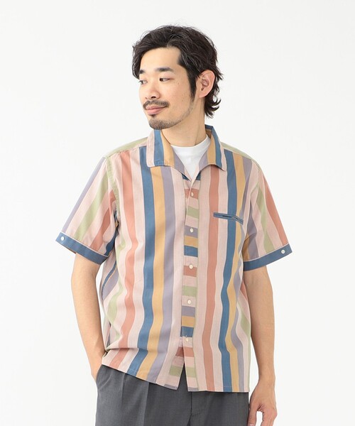 BEAMS PLUS（ビームスプラス）の「BEAMS PLUS / ポリエステル コットン マルチストライプ ショートスリーブ イタリアンカラー シャツ（シャツ/ブラウス・メンズ・ベージュ/オレンジ・XL/L/M/S）」の5枚目の写真