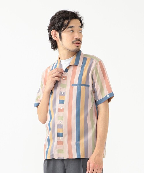 BEAMS PLUS（ビームスプラス）の「BEAMS PLUS / ポリエステル コットン マルチストライプ ショートスリーブ イタリアンカラー シャツ（シャツ/ブラウス・メンズ・ベージュ/オレンジ・XL/L/M/S）」の6枚目の写真