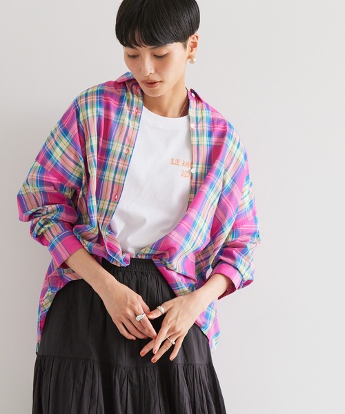 AMERICAN HOLIC（アメリカンホリック）の「インドコットンマドラスチェックシャツ（シャツ/ブラウス・レディース・サックスブルー/ライトベージュ/ネイビー/ピンク・L/M）」の4枚目の写真