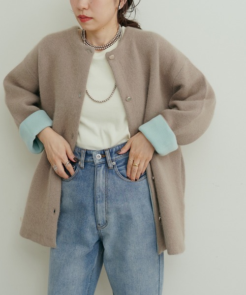 LARUTA（ラルータ）の「【LARUTA】FOX混Wフェイスニットコート（ノーカラーコート・レディース・イエロー/アイボリー/ネイビー/モカ/グレー・FREE）」の14枚目の写真