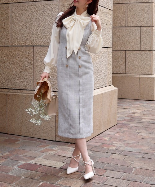 ROYAL PARTY（ロイヤルパーティー）の「レトロ釦ツイードジャンパースカート（ジャンパースカート・レディース・ライトグレー/レッド/ブラック・FREE）」の8枚目の写真