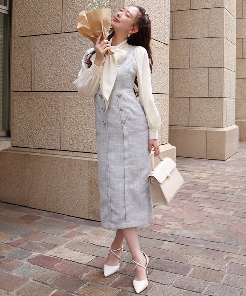 ROYAL PARTY（ロイヤルパーティー）の「レトロ釦ツイードジャンパースカート（ジャンパースカート・レディース・ライトグレー/レッド/ブラック・FREE）」の4枚目の写真