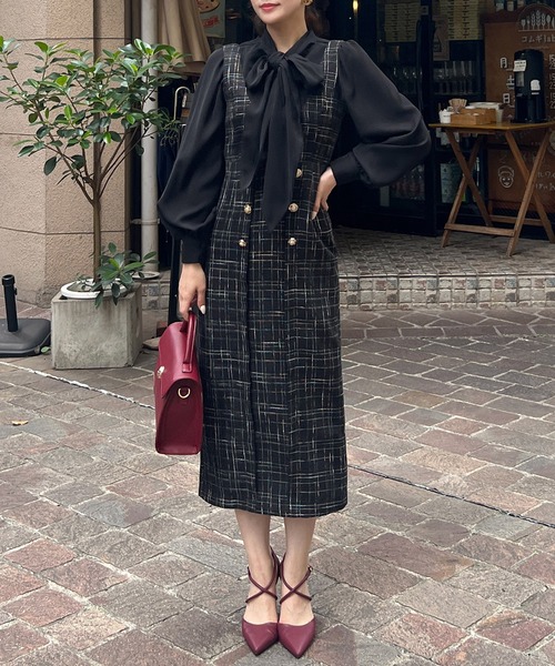 ROYAL PARTY（ロイヤルパーティー）の「レトロ釦ツイードジャンパースカート（ジャンパースカート・レディース・ライトグレー/レッド/ブラック・FREE）」の5枚目の写真