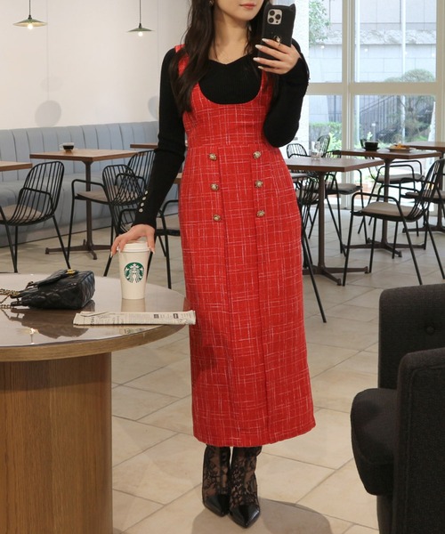 ROYAL PARTY（ロイヤルパーティー）の「レトロ釦ツイードジャンパースカート（ジャンパースカート・レディース・ライトグレー/レッド/ブラック・FREE）」の6枚目の写真