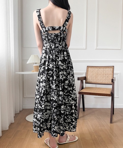 セール】ノースリーブ 花柄シャーリングロングキャミワンピース 