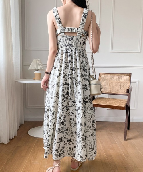 選ぶなら セール】ノースリーブ 花柄シャーリングロングキャミワンピース ワンピース