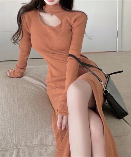 Miniministore(ミニミニストア)の「ニットワンピース韓国 スリットワンピース(ワンピース・レディース・アイボリー/ブラック/カーキ/オレンジ・フリー)」の4枚目の写真