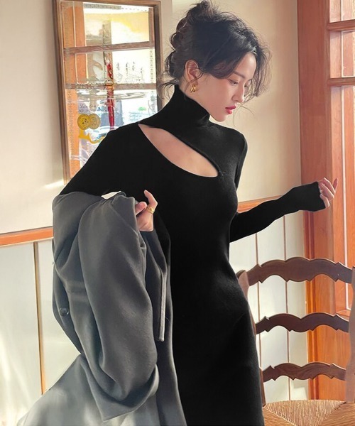 Miniministore(ミニミニストア)の「ニットワンピース韓国 スリットワンピース(ワンピース・レディース・アイボリー/ブラック/カーキ/オレンジ・フリー)」の1枚目の写真