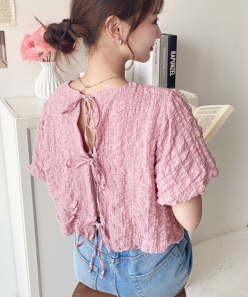 moment+(モーメントプラス)の「ポコポコチェック半袖バックオープンリボンプルオーバー(シャツ/ブラウス・レディース・ラベンダー/ブルー/ブラック/ピンク/イエロー・M/L)」の5枚目の写真