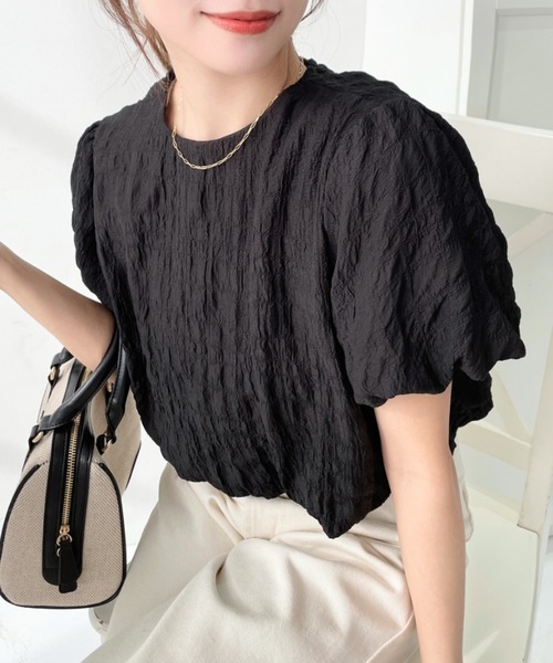 moment+(モーメントプラス)の「ポコポコチェック半袖バックオープンリボンプルオーバー(シャツ/ブラウス・レディース・ラベンダー/ブルー/ブラック/ピンク/イエロー・M/L)」の6枚目の写真