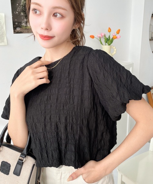 moment+(モーメントプラス)の「ポコポコチェック半袖バックオープンリボンプルオーバー(シャツ/ブラウス・レディース・ラベンダー/ブルー/ブラック/ピンク/イエロー・M/L)」の7枚目の写真