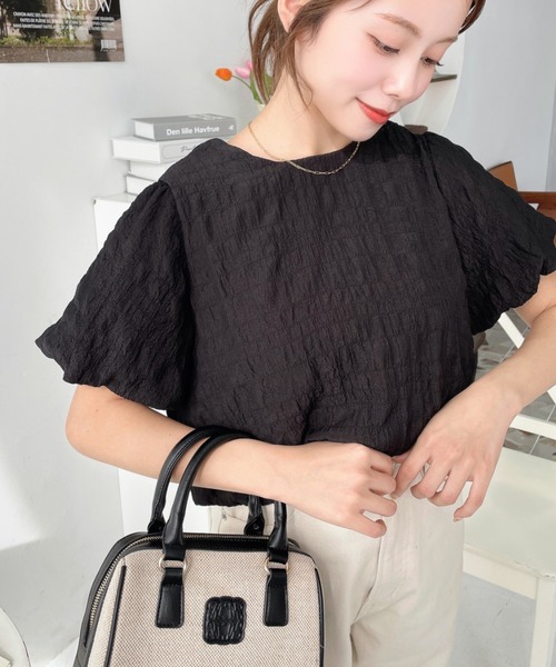 moment+(モーメントプラス)の「ポコポコチェック半袖バックオープンリボンプルオーバー(シャツ/ブラウス・レディース・ラベンダー/ブルー/ブラック/ピンク/イエロー・M/L)」の8枚目の写真