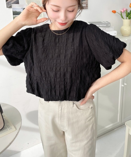 moment+(モーメントプラス)の「ポコポコチェック半袖バックオープンリボンプルオーバー(シャツ/ブラウス・レディース・ラベンダー/ブルー/ブラック/ピンク/イエロー・M/L)」の9枚目の写真