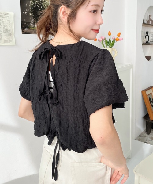 moment+(モーメントプラス)の「ポコポコチェック半袖バックオープンリボンプルオーバー(シャツ/ブラウス・レディース・ラベンダー/ブルー/ブラック/ピンク/イエロー・M/L)」の10枚目の写真