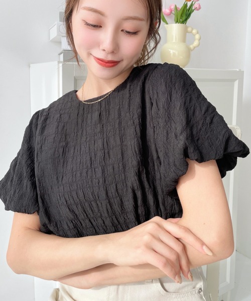 moment+(モーメントプラス)の「ポコポコチェック半袖バックオープンリボンプルオーバー(シャツ/ブラウス・レディース・ラベンダー/ブルー/ブラック/ピンク/イエロー・M/L)」の11枚目の写真