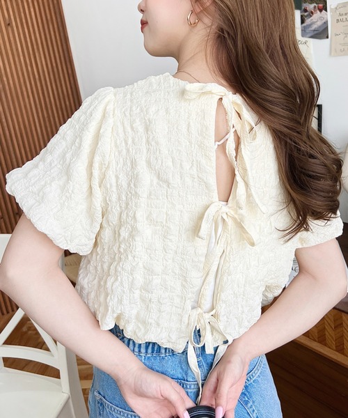 moment+(モーメントプラス)の「ポコポコチェック半袖バックオープンリボンプルオーバー(シャツ/ブラウス・レディース・ラベンダー/ブルー/ブラック/ピンク/イエロー・M/L)」の16枚目の写真