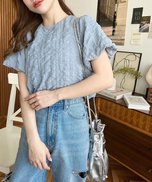 moment+(モーメントプラス)の「ポコポコチェック半袖バックオープンリボンプルオーバー(シャツ/ブラウス・レディース・ラベンダー/ブルー/ブラック/ピンク/イエロー・M/L)」の14枚目の写真