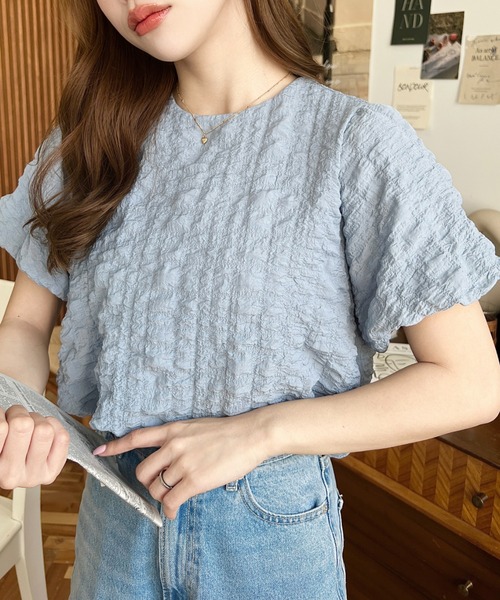 moment+(モーメントプラス)の「ポコポコチェック半袖バックオープンリボンプルオーバー(シャツ/ブラウス・レディース・ラベンダー/ブルー/ブラック/ピンク/イエロー・M/L)」の12枚目の写真