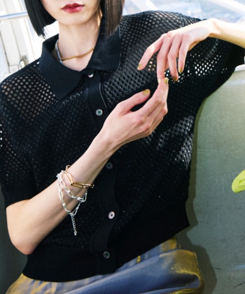 NOMINE(ノミネ)の「メッシュ サマーニット ポロ カーディガン(ポロシャツ・レディース・ホワイト/ブルー/ブラック・フリー)」の2枚目の写真