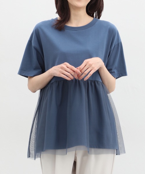 Honeys(ハニーズ)の「きれいめ異素材切替Tシャツ(Tシャツ/カットソー・レディース・ベージュ/ミント/ブラック/ブルー/ブラウン・M/LL/L)」の5枚目の写真