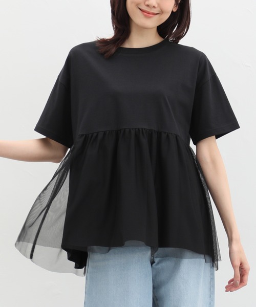 Honeys(ハニーズ)の「きれいめ異素材切替Tシャツ(Tシャツ/カットソー・レディース・ベージュ/ミント/ブラック/ブルー/ブラウン・M/LL/L)」の2枚目の写真