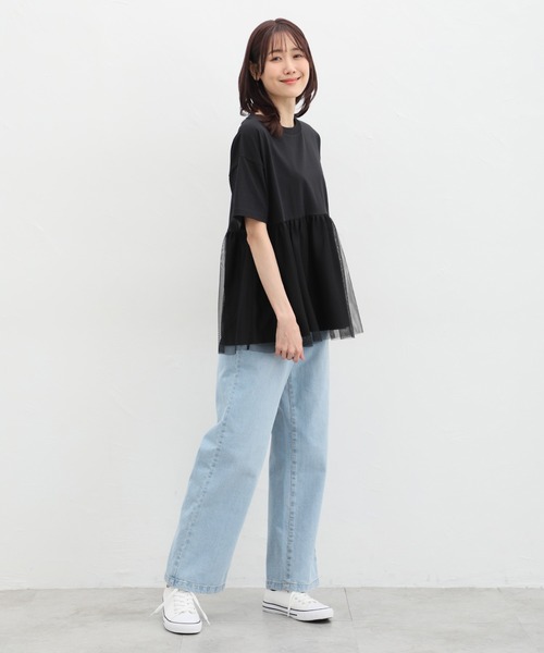 Honeys(ハニーズ)の「きれいめ異素材切替Tシャツ(Tシャツ/カットソー・レディース・ベージュ/ミント/ブラック/ブルー/ブラウン・M/LL/L)」の6枚目の写真