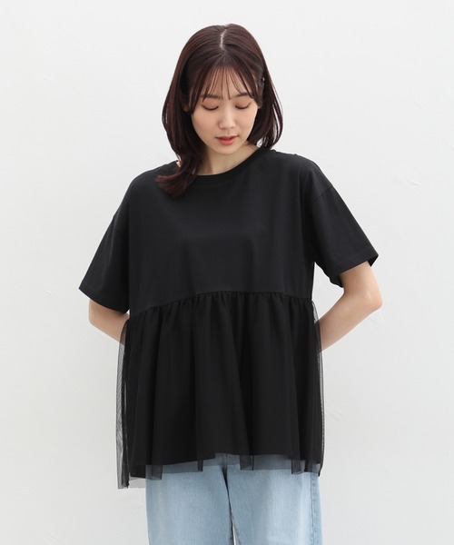 Honeys(ハニーズ)の「きれいめ異素材切替Tシャツ(Tシャツ/カットソー・レディース・ベージュ/ミント/ブラック/ブルー/ブラウン・M/LL/L)」の7枚目の写真