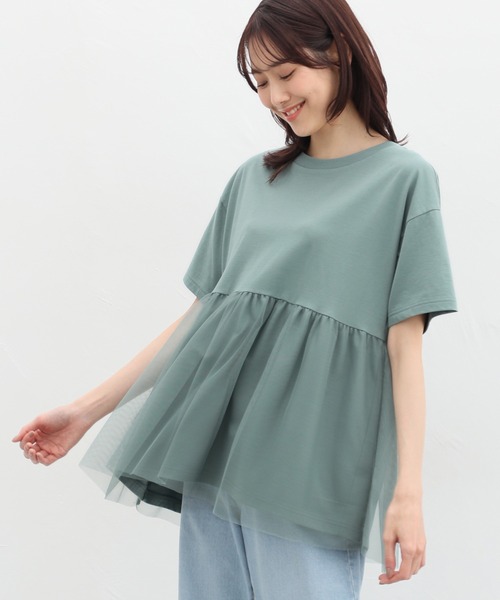Honeys(ハニーズ)の「きれいめ異素材切替Tシャツ(Tシャツ/カットソー・レディース・ベージュ/ミント/ブラック/ブルー/ブラウン・M/LL/L)」の12枚目の写真