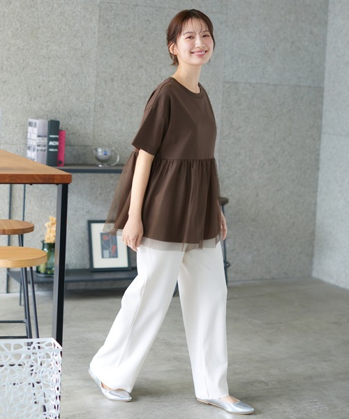 Honeys(ハニーズ)の「きれいめ異素材切替Tシャツ(Tシャツ/カットソー・レディース・ベージュ/ミント/ブラック/ブルー/ブラウン・M/LL/L)」の13枚目の写真