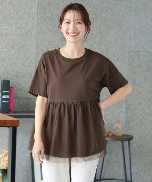 Honeys(ハニーズ)の「きれいめ異素材切替Tシャツ(Tシャツ/カットソー・レディース・ベージュ/ミント/ブラック/ブルー/ブラウン・M/LL/L)」の14枚目の写真