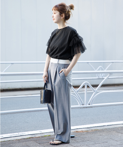 B.C STOCK（ベーセーストック）の「チュールフリルプルオーバー+Tシャツ（Tシャツ/カットソー・レディース・ブラック/チャコールグレー・FREE）」の4枚目の写真