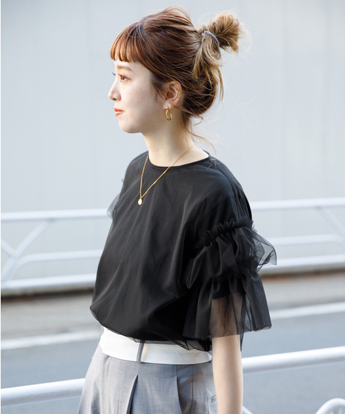 B.C STOCK（ベーセーストック）の「チュールフリルプルオーバー+Tシャツ（Tシャツ/カットソー・レディース・ブラック/チャコールグレー・FREE）」の7枚目の写真